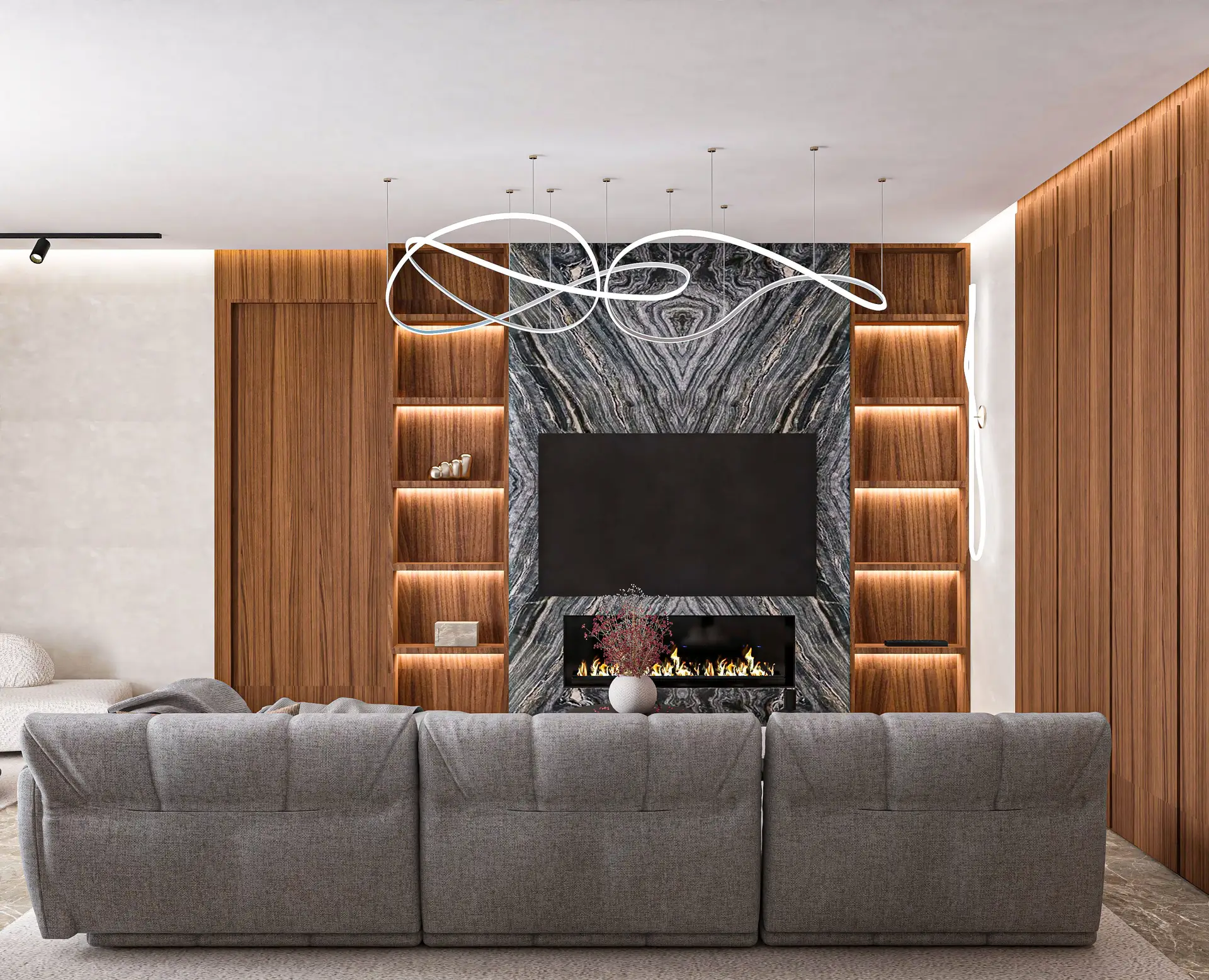 Contemporary townhouse fireplace and lounge interior with tailored finishes