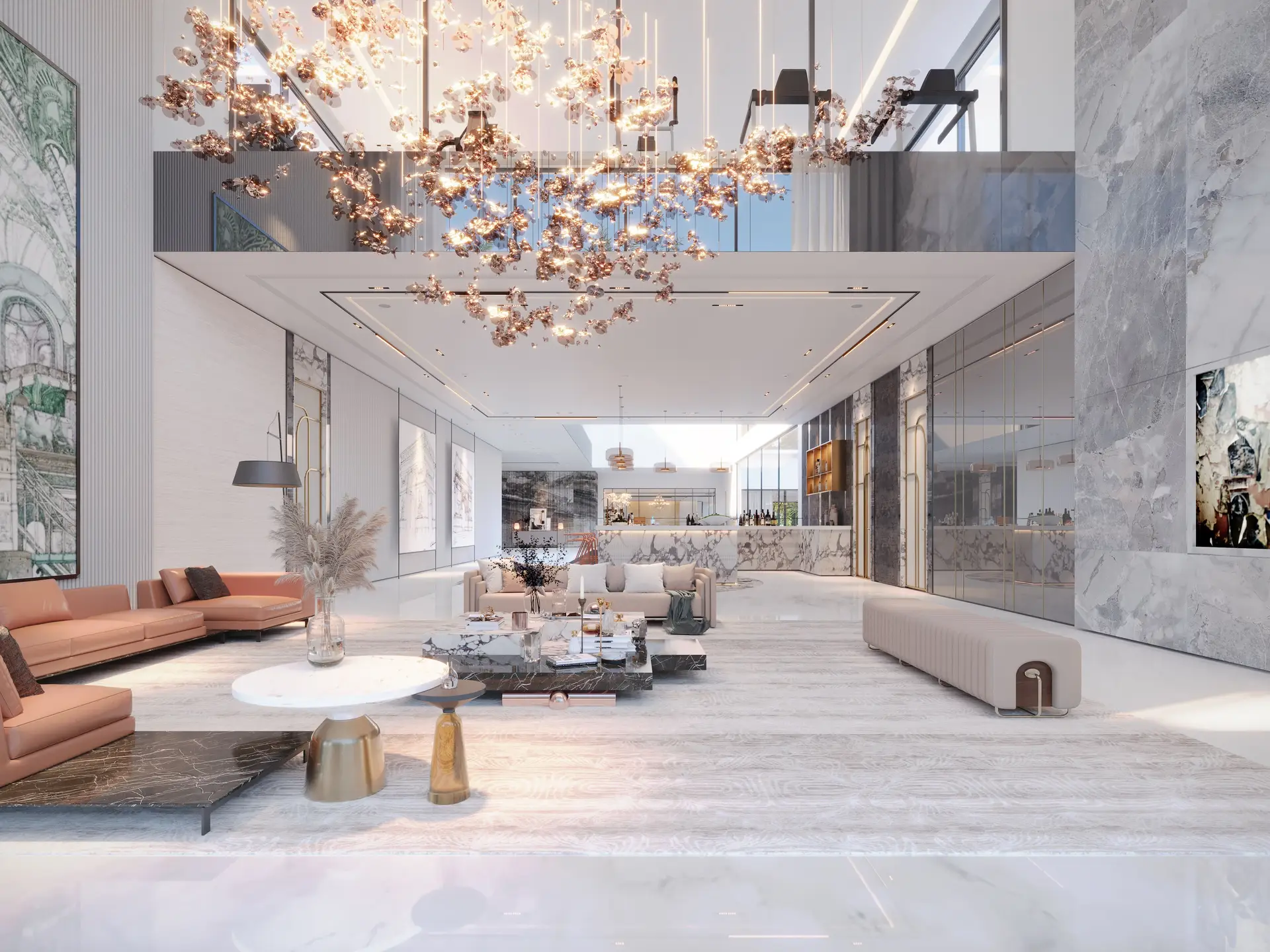 Cadogan Square drawing room with limestone hearth and soft boucle seating