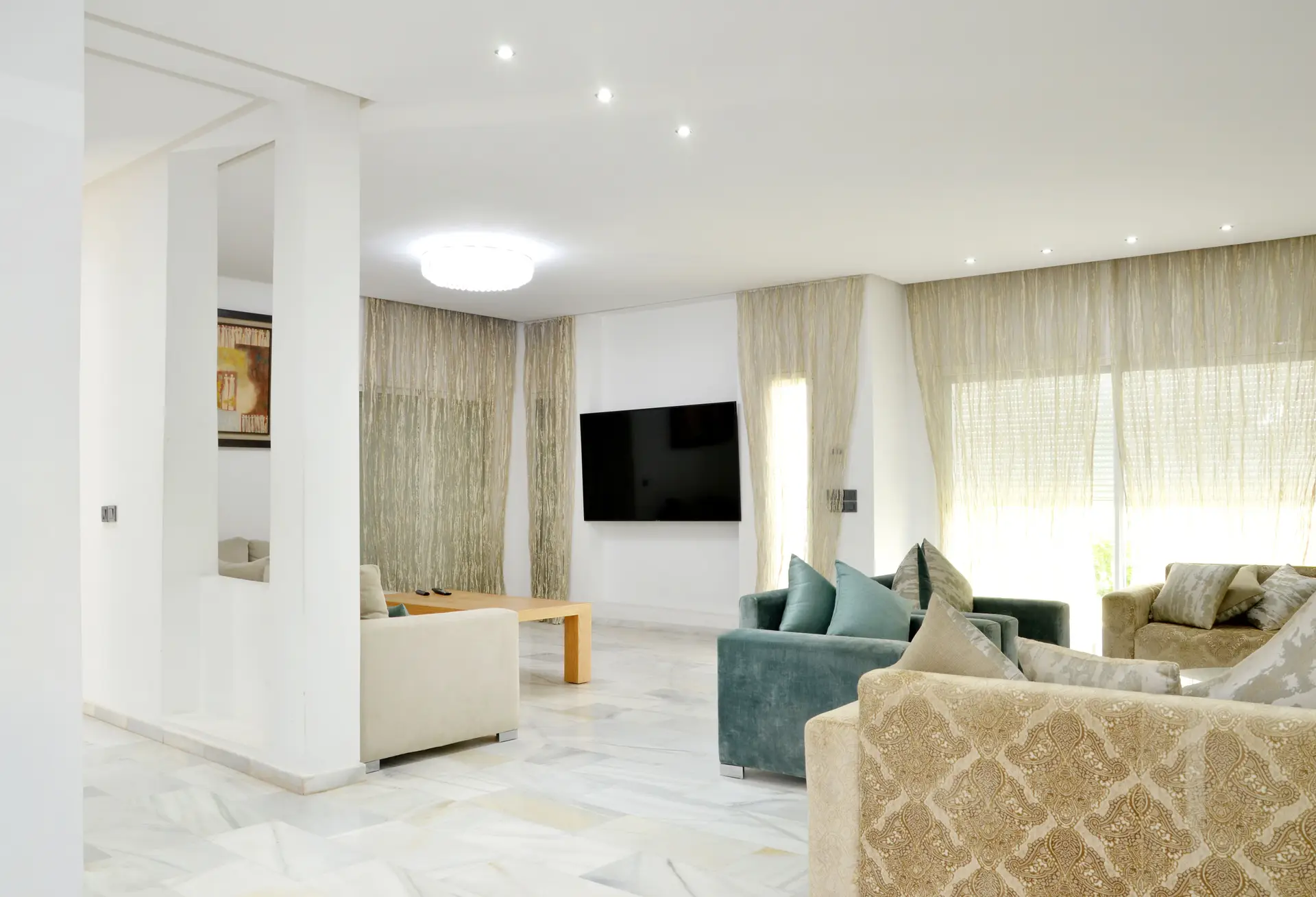 Contemporary residence interior with warm bespoke furnishings