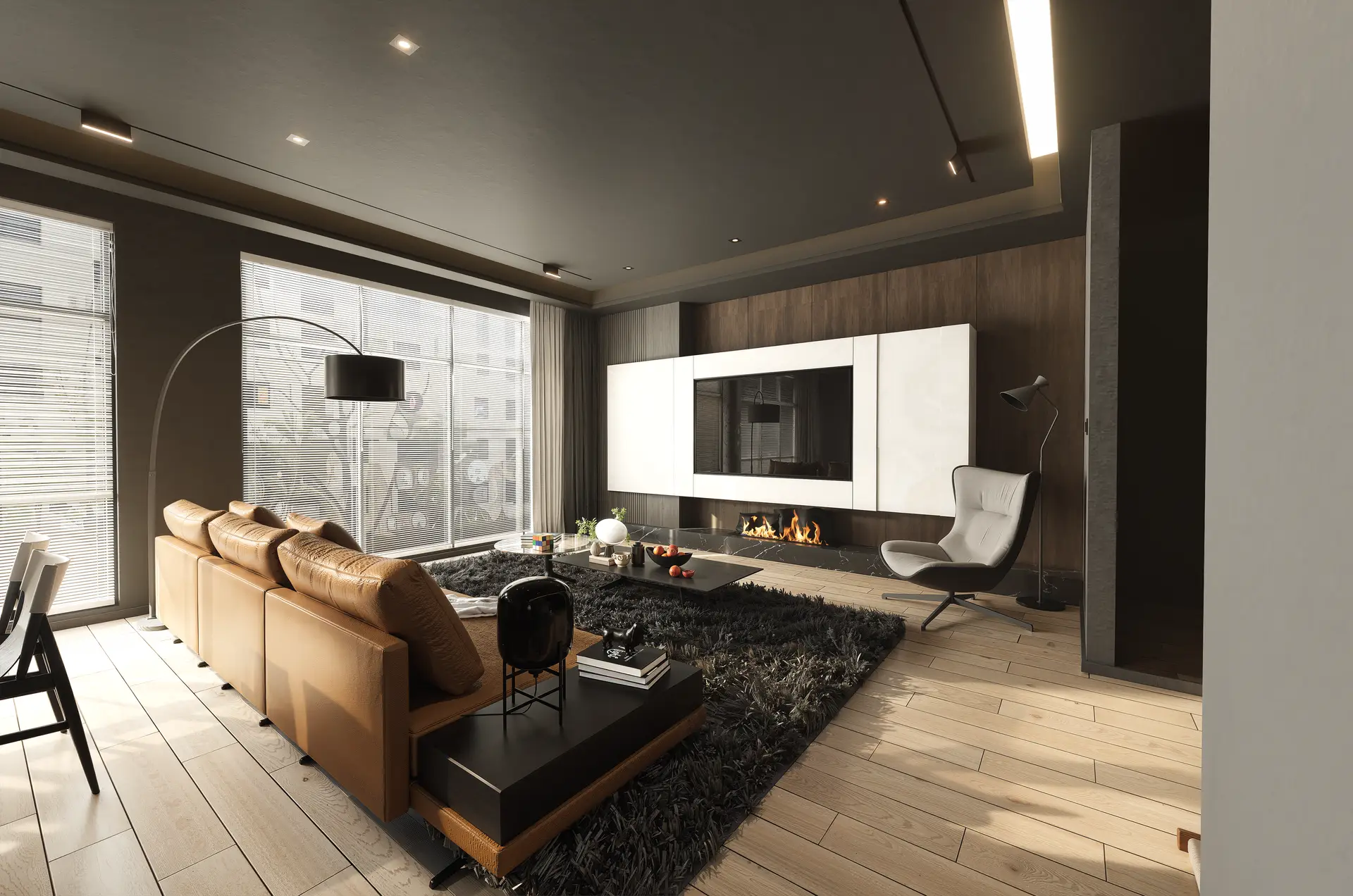 Chelsea hearth lounge with contemporary marble fireplace and bespoke leather seating