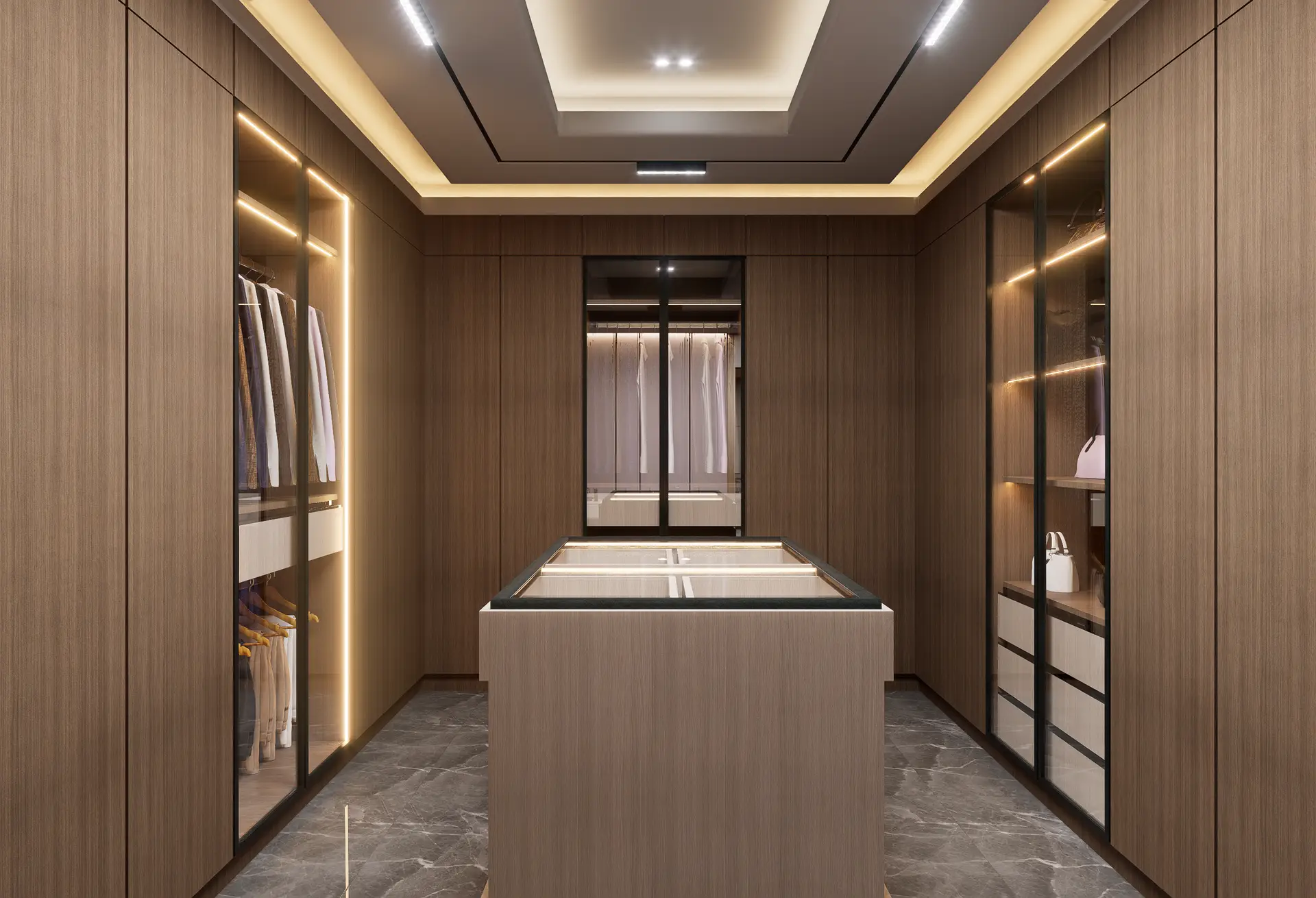 Custom dark walnut fitted joinery with bronze recessed lighting in Mayfair dressing suite