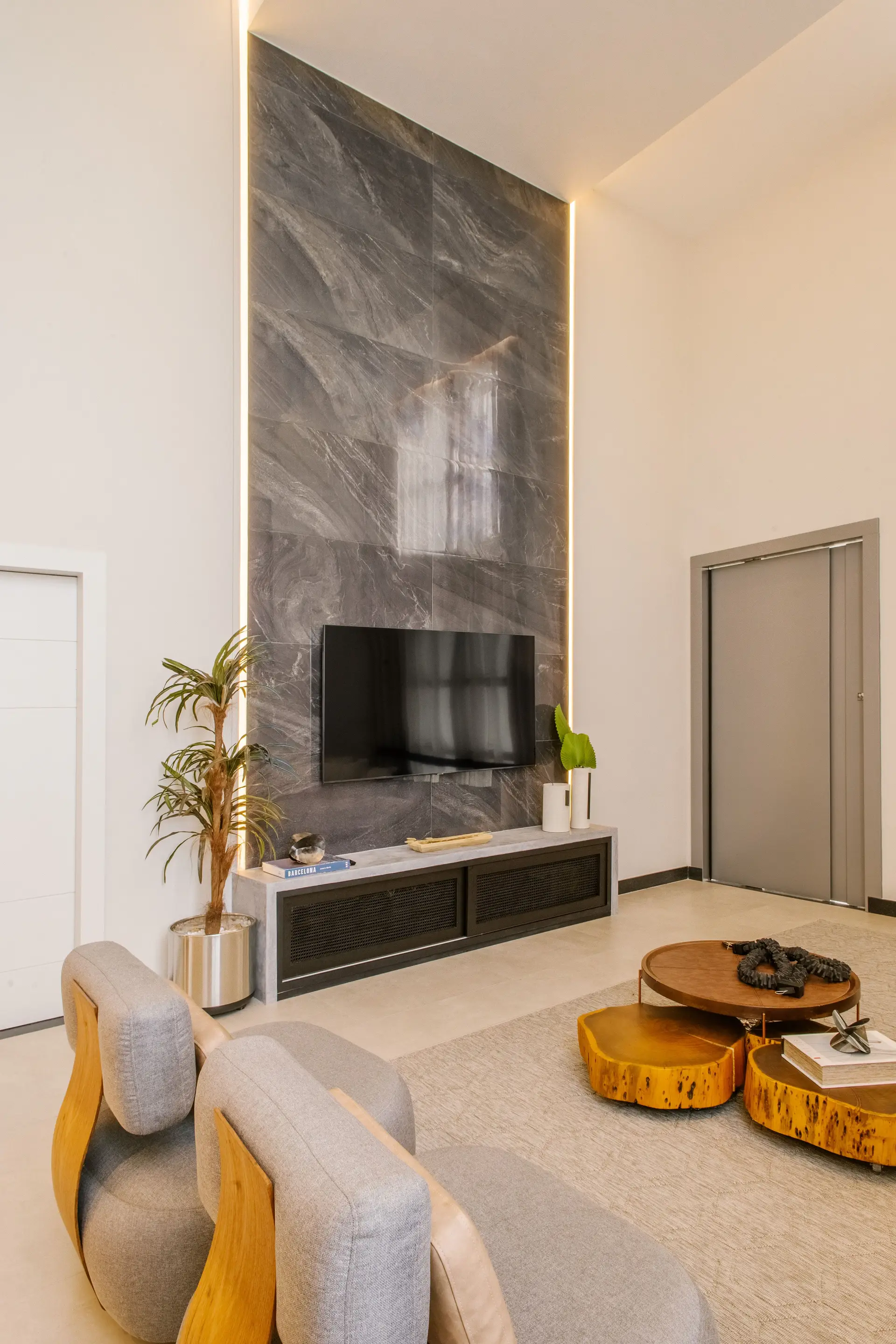 Marylebone townhouse living room with custom stone fireplace